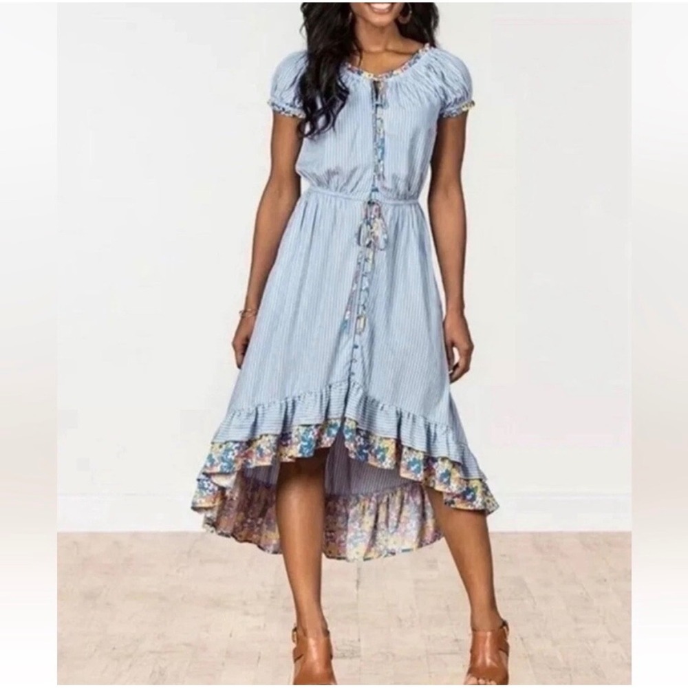 Matilda Jane Come Away With Me Blue Striped Floral Hi-Low Midi Dress XS Boho
